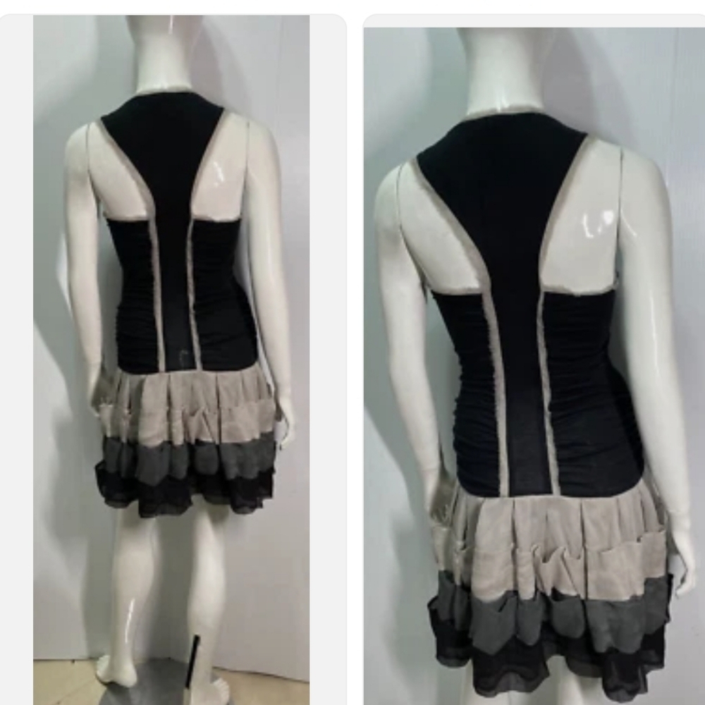 Vintage/Y2k Bebe Retro Silk Trim Tiered Ruffle Mini Dress - Black & Grey - XS